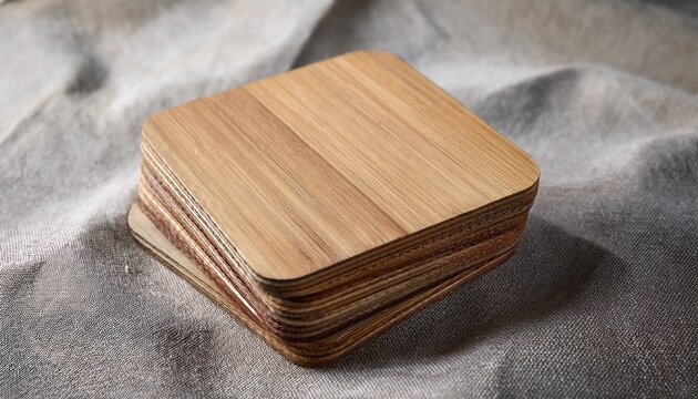 coasters square stacked on gray linen tablecloth still life