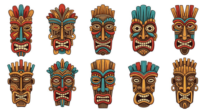 Set of vibrant traditional tiki masks with various angry and fierce expressions used for island and tropical decorations.