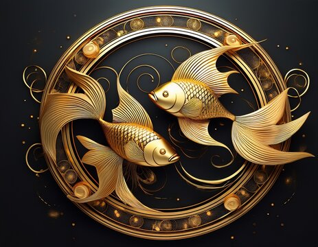 art of two stylized golden fish swimming in a circle pisces zodiac symbol