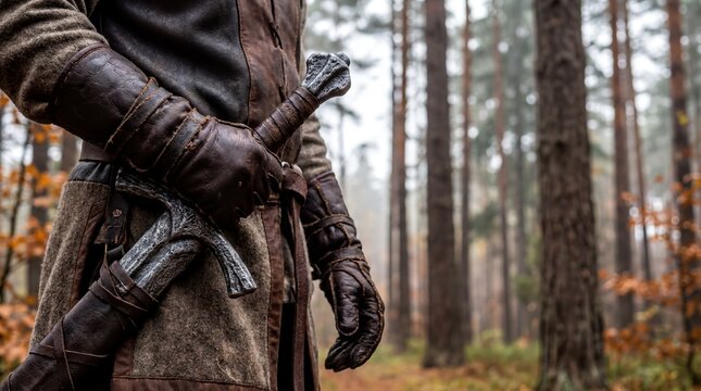 Close Up of LARP Player in Leather Armor Gripping Fantasy Sword Hilt in Misty Forest