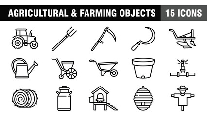 Agricultural and Farming Objects Icon Set: Tractor, Plow, Scythe, Pitchfork, and More © @ahmedmaynul