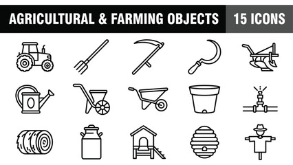 Agricultural and Farming Objects Icon Set: Tractor, Plow, Scythe, Pitchfork, and More © @ahmedmaynul