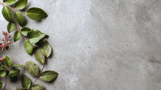 A clean flat lay with leaves positioned in the top-left corner of a gray cement background with wide margins