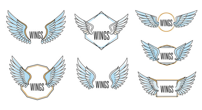 Collection of elegant light blue winged emblems and logos with different frame shapes and central text placeholders.