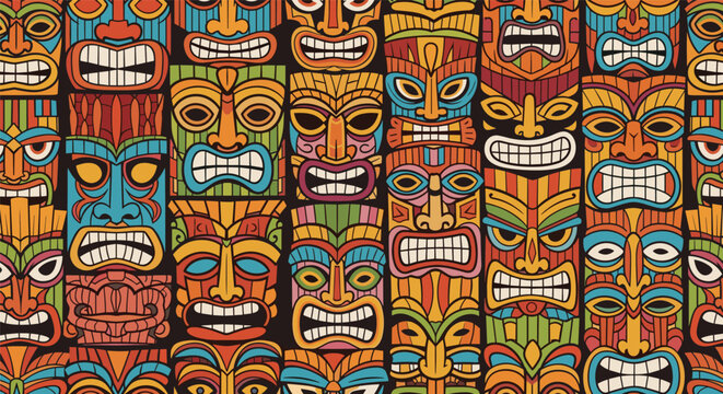 Vibrant seamless pattern depicts a variety of colorful traditional tiki masks with diverse expressions and cultural designs on a dark background.