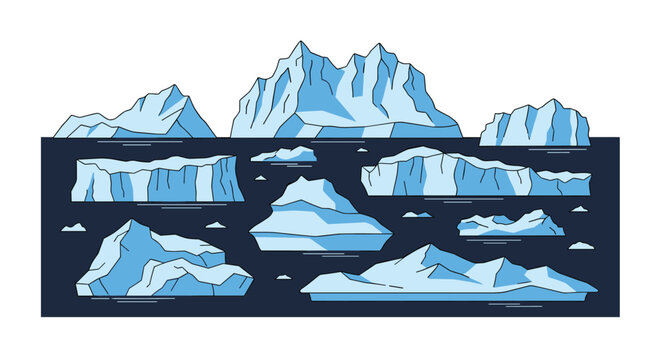 Compilation of various blue icebergs and ice floes of different sizes and shapes is shown floating on a deep dark blue sea surface background.