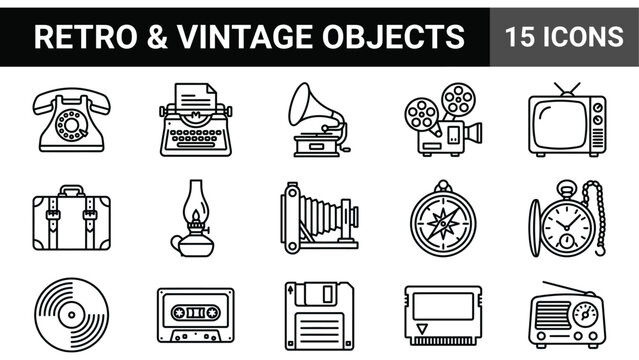 Retro and Vintage Objects Icon Set: Telephone, Typewriter, Gramophone, Camera, TV, Suitcase, Lamp, Compass, Watch, Vinyl, Cassette, Floppy Disk, Radio