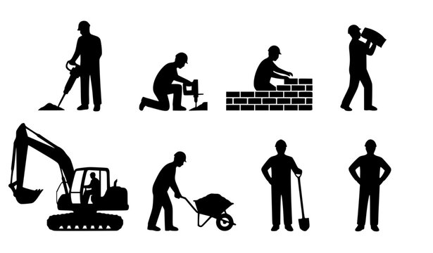 Construction worker silhouettes with excavation masonry and equipment operation activities flat black icon set isolated on white