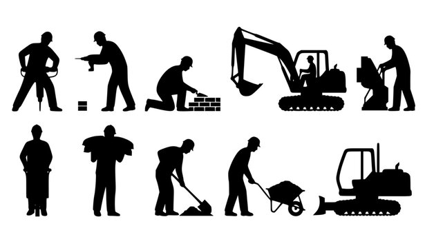 Construction worker silhouette set with tools machinery masonry and excavation activities black vector icons isolated on white