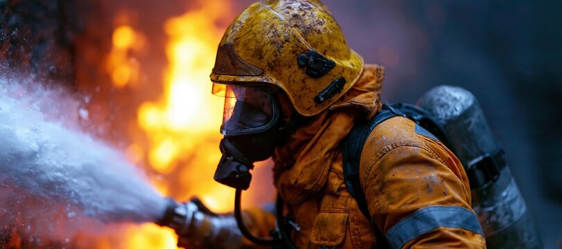 Firefighter spraying extinguishing foam during training exercise with intense flames