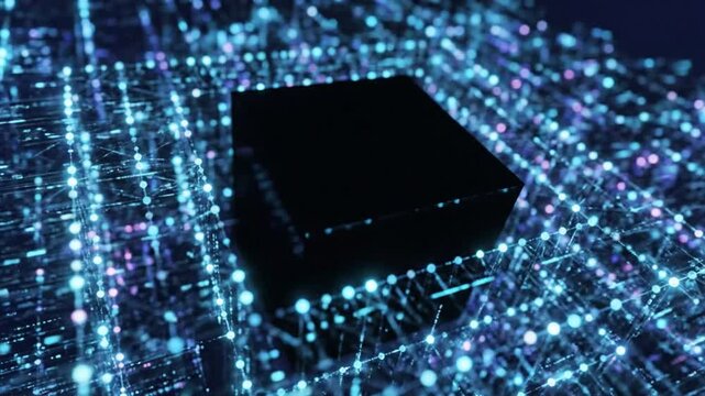Abstract futuristic black cube floating in digital data network with bright glowing lines and nodes