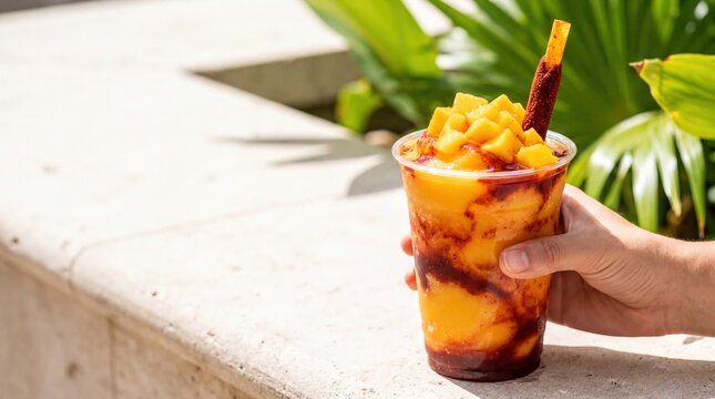 Vibrant Mexican Mangonada Drink with Chamoy and Tamarind Straw Held in Hand with Copy Space