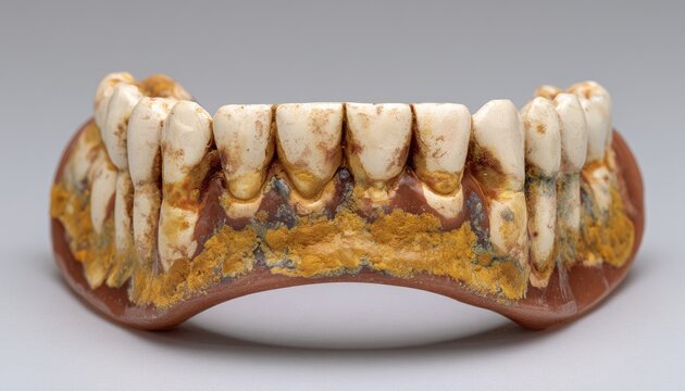 Aged, discolored artificial dentures with significant staining and wear