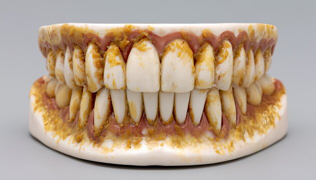 A dental model displays stained teeth and gums, revealing poor hygiene