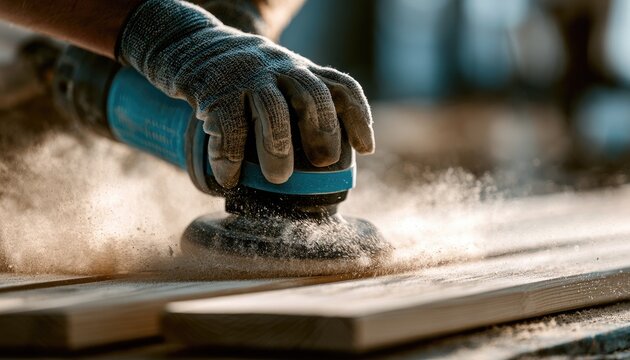 Hand wearing glove uses orbital sander on wooden planks, creating dust cloud