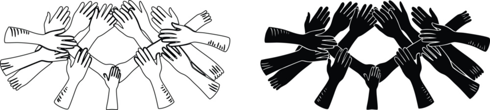Many human hands reaching out in circle silhouette and line art showing unity and teamwork.