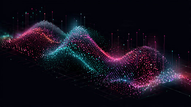 Vibrant colorful abstract wave pattern with glowing particles in dark background