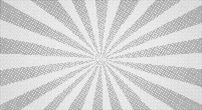 Abstract geometric halftone dot pattern with radial emanating lines for background.