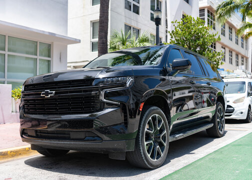 Miami, Florida, USA - July 27, 2025: Chevrolet Suburban 2023 SUV. RST Rally Sport Truck. Luxury SUV car Chevrolet Suburban. Car Chevrolet Suburban parked outdoor. Black Chevy RST, corner view