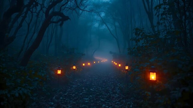 Glowing lanterns on a dark forest path at night