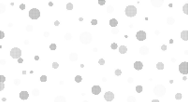 Scattered halftone dots and circles on transparent background, abstract pattern with noise.