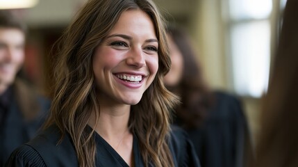 Fototapeta premium Graduate laughing with friends in academic gowns in bright indoor hall
