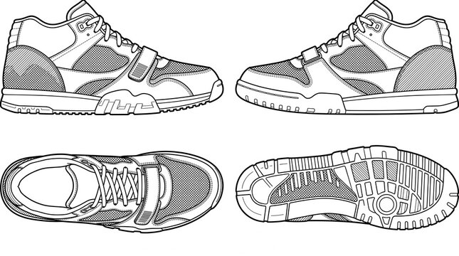 Footwear Technical Flat CAD Spec Sheet &ndash; Cross Trainer Multi-View Outsole Lug Pattern Vector