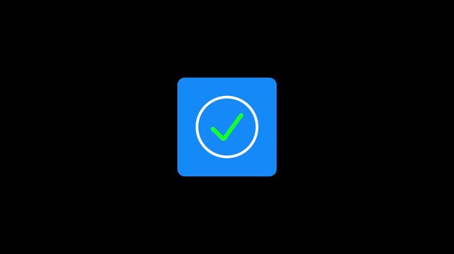 Face unlock icon animation with facial recognition biometric security authentication and check mark confirmation on alpha channel dark background.