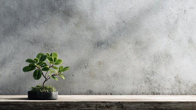 A modern composition with a single plant placed at the bottom edge of a cement background with large empty space above