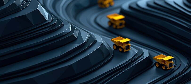 Terraced open - pit mine with yellow haul trucks on geometric dark rock layers