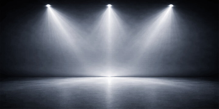 Stage spotlight on brushed silver metallic steel texture background with light reflection and polished surface design