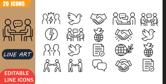 Isolated Peace Negotiation Icons Set, 20 Editable Line Art Icons Set, Conflict Resolution, Diplomacy Agreement, Communication Harmony, Reconciliation Process, Outline Vector