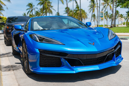 Miami, Florida, USA - July 27, 2025: Blue metallic Chevy C8, corner view. Chevrolet Corvette C8 2020 convertible sports car. Luxury sport car Chevrolet Corvette. Car Chevrolet Corvette parked outdoor