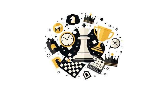 Flat Vector Illustration of Chess Strategy and Business Leadership Concepts with King Piece, Trophy, and Clock on White Background