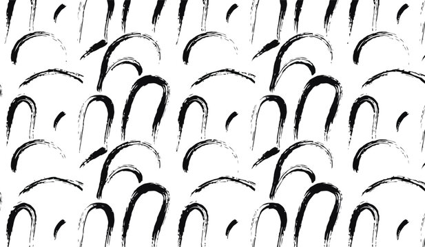 Black ink brush curved arch pattern forming repeating organic semi-circle shapes with hand-painted texture for artistic wallpaper and modern textile prints