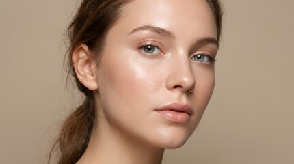 Naklejka premium Close Up Beautiful Young Woman Blue Eyes Natural Beauty Portrait