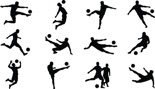 Black silhouettes of soccer players kicking ball