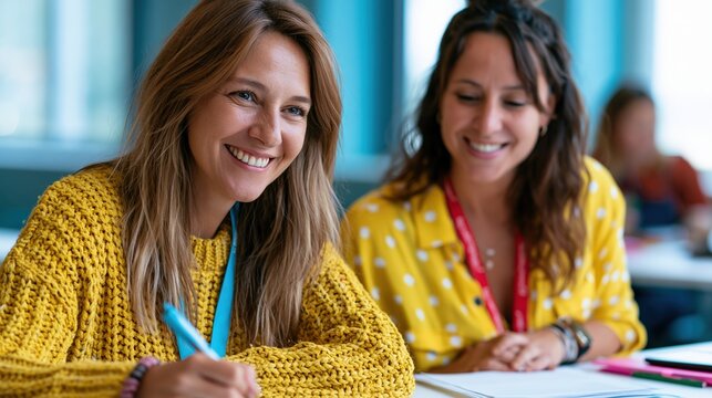 Adult learner and instructor collaborating in training room