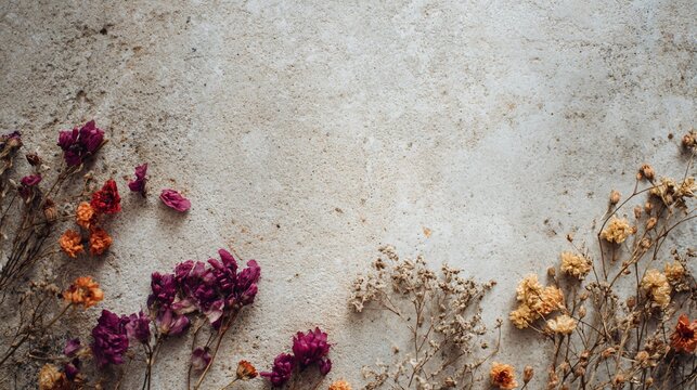 A top view of dried flowers scattered lightly across a concrete background with intentional empty zones