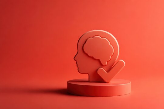 Red 3D head silhouette with brain and checkmark on pedestal concept of approved thinking and smart decision making