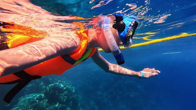 Person snorkels under water, wearing life jacket. Blue water ripples around them. Dive mask and fins complete their gear. Sunlight filters through the surface