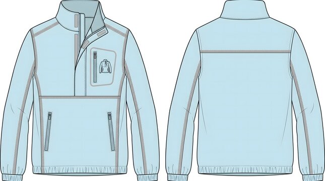 Packable Half Zip Jacket Fashion Flat CAD &ndash; Pastel Blue Waterproof Pocket Technical Drawing