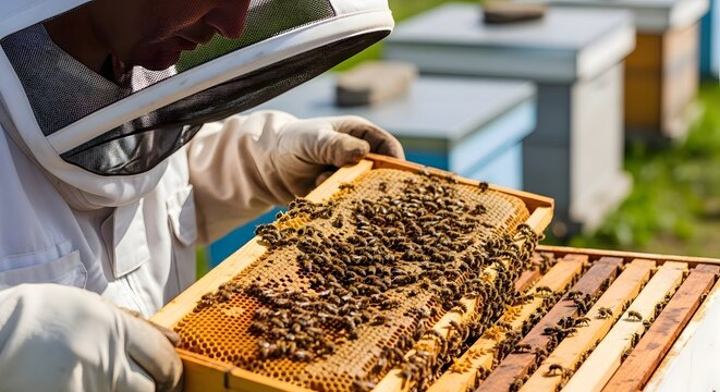 A beekeeper in protective gear inspects a honeycomb frame with bees at an outdoor apiary; the honey-making process. AI generated.