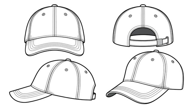 Dad Hat 4-Angle Vector Set &ndash; Front, Back, Side & 3/4 View Black & White Illustration