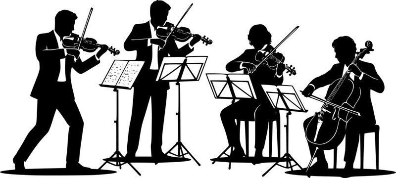 Silhouette of string quartet musicians playing violins and cello in performance with sheet music stand isolated on white background

