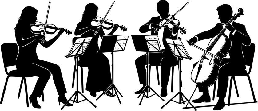 Silhouette of string quartet musicians playing violins and cello in performance with sheet music stand isolated on white background
