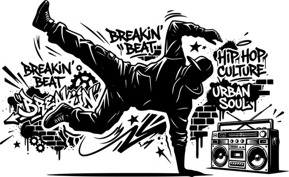 Dynamic breakdancing silhouette with boombox urban street art action pose isolated on white background
