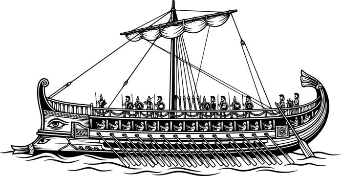Ancient greek trireme warship black and white illustration isolated on white background

