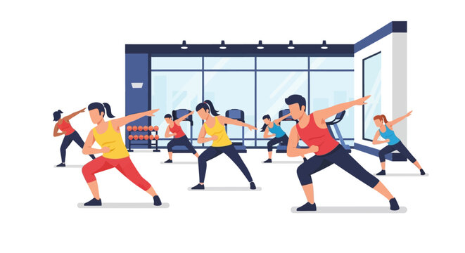 Group Fitness Class Vector Illustration with People Exercising in Modern Gym Interior