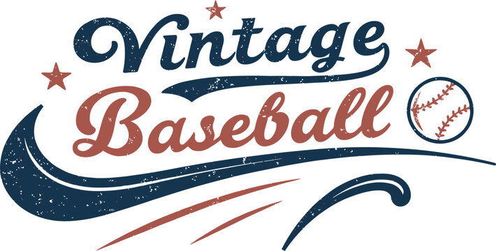 Vintage baseball text design with distressed texture, baseball graphic, and stars isolated on transparent background. Vector Illustration